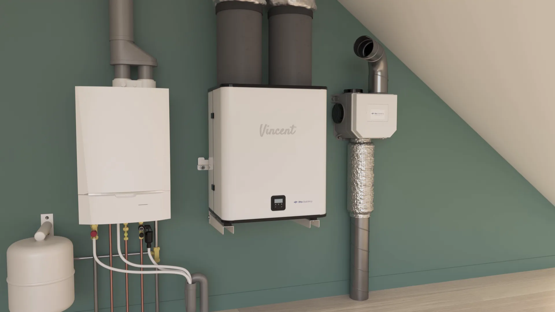 Technische visualisatie van een verwarmingsinstallatie in een woning