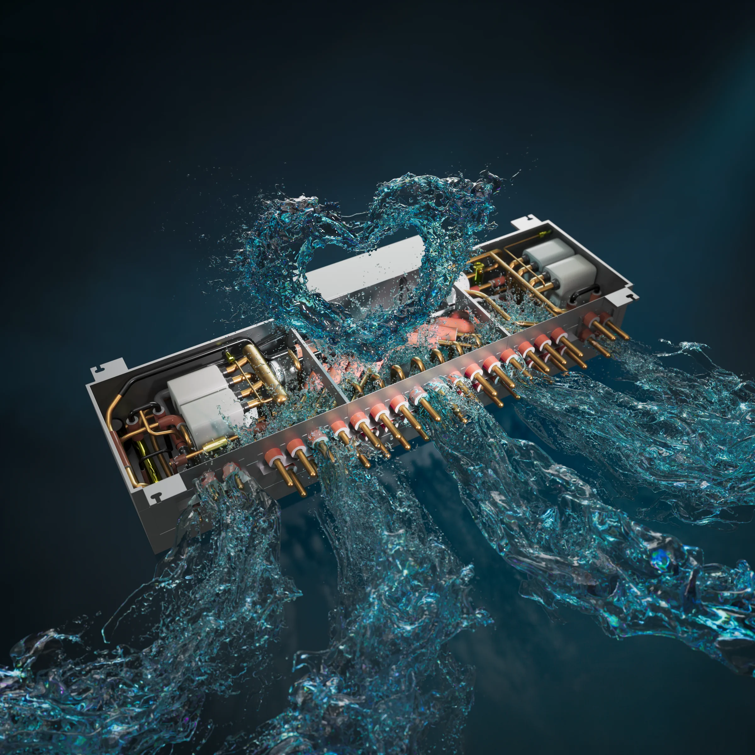 Opengewerkte Mitsubishi Electric BC-controller met zichtbaar gemaakte waterstromen