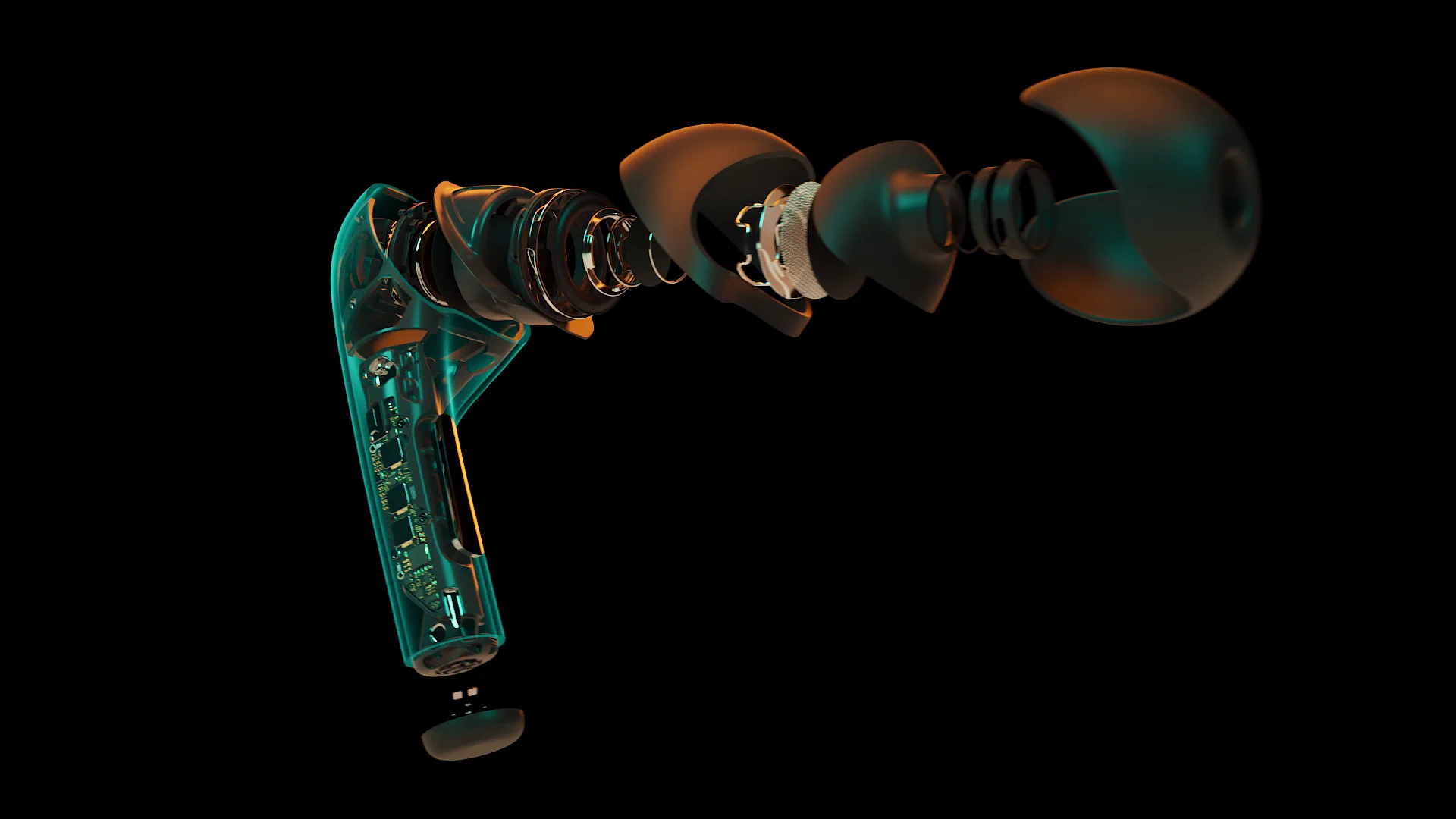 Exploded-view visualisatie van een draadloze earbud en de interne componenten