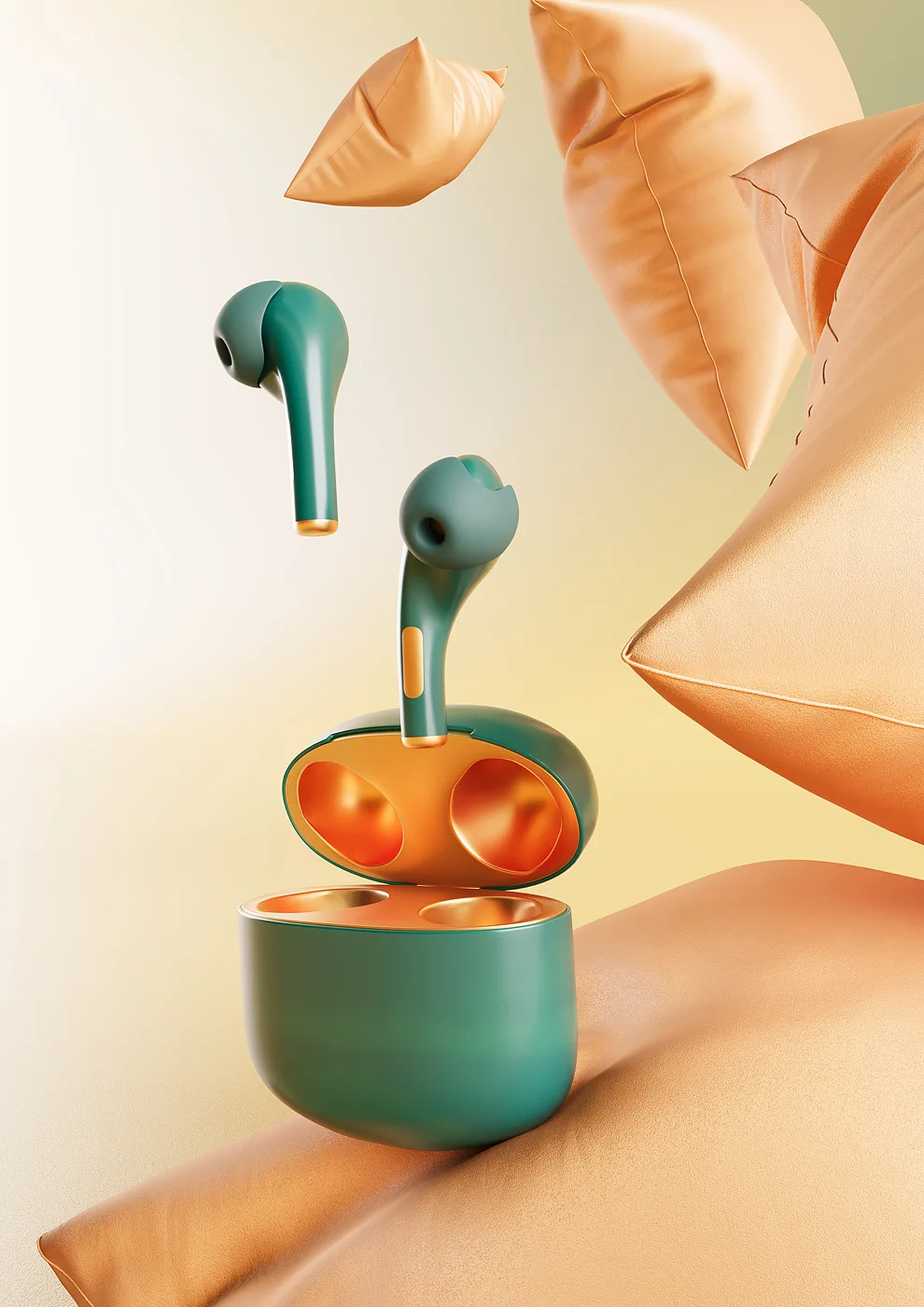 Photorealistic campaign image of coloured wireless earbuds