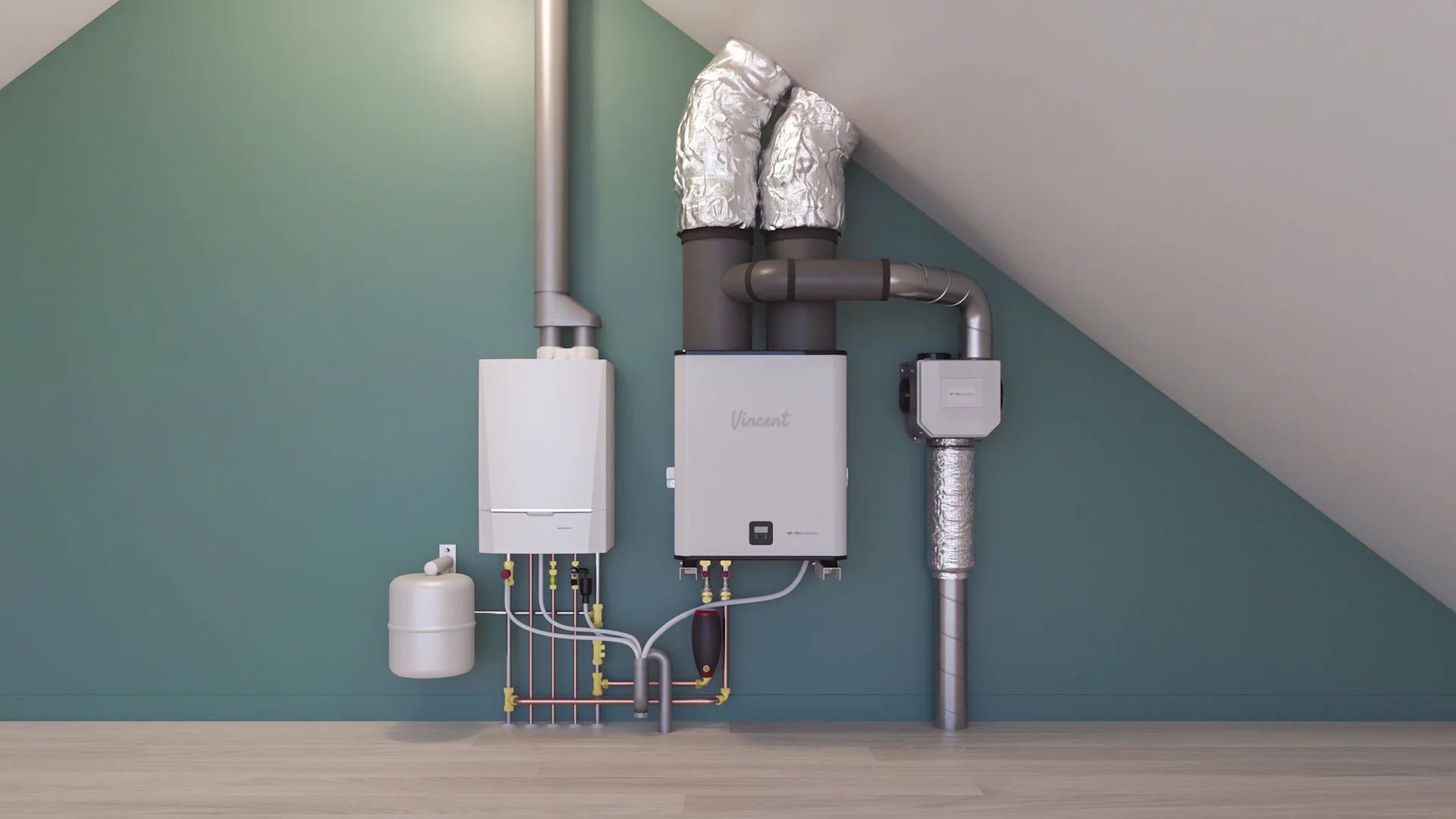 Warmtepomp Vincent met alle aansluitingen in een woninginstallatie