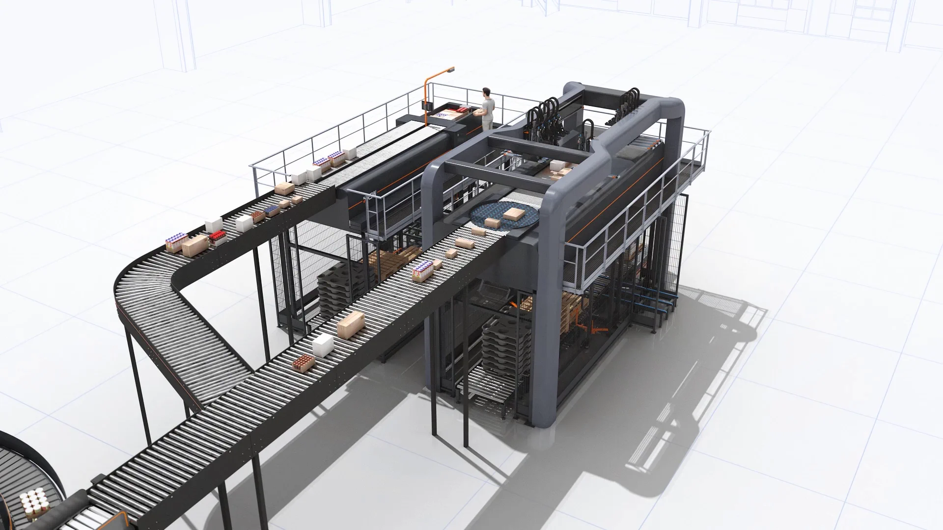 Overzicht van de RSW mixed-palletizinginstallatie met meerdere transportbanen