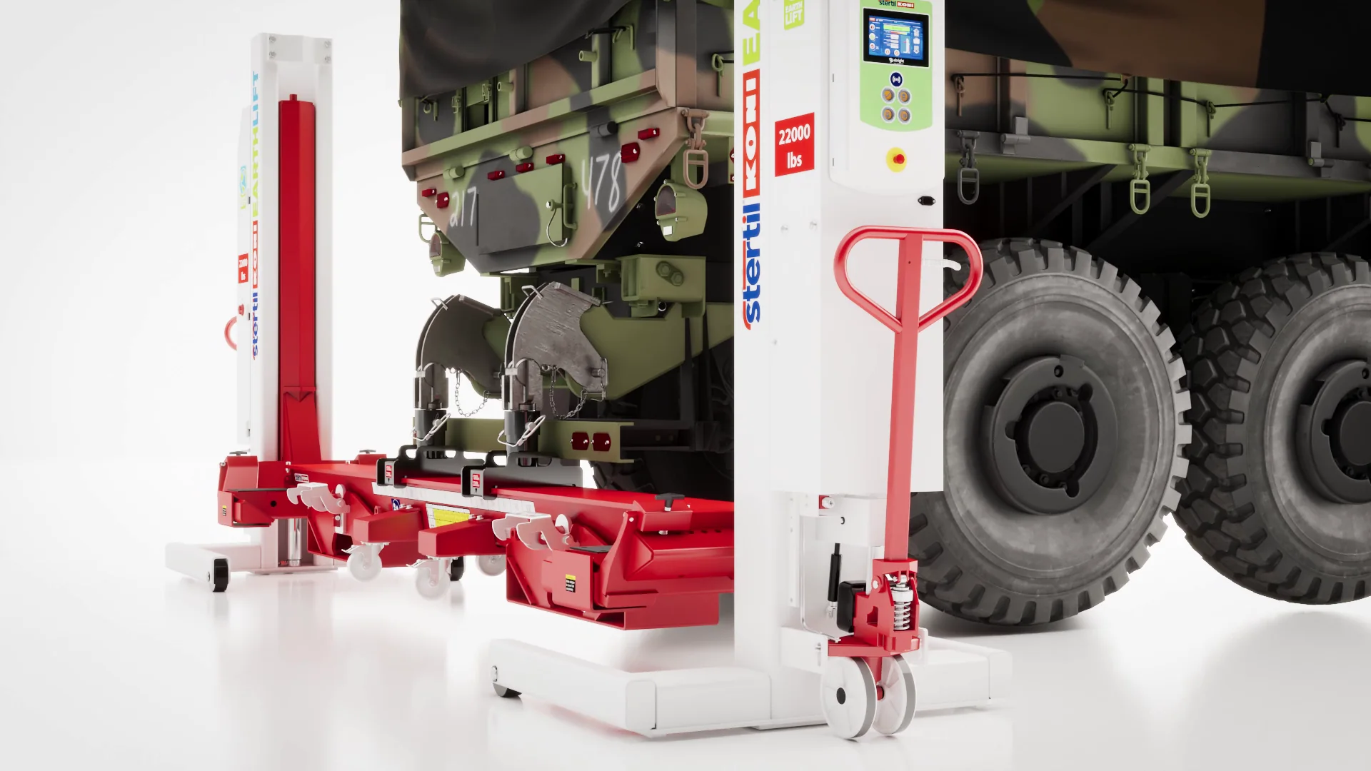 Mobiele Stertil-Koni Earthlift-hefkolommen onder een zwaar voertuig