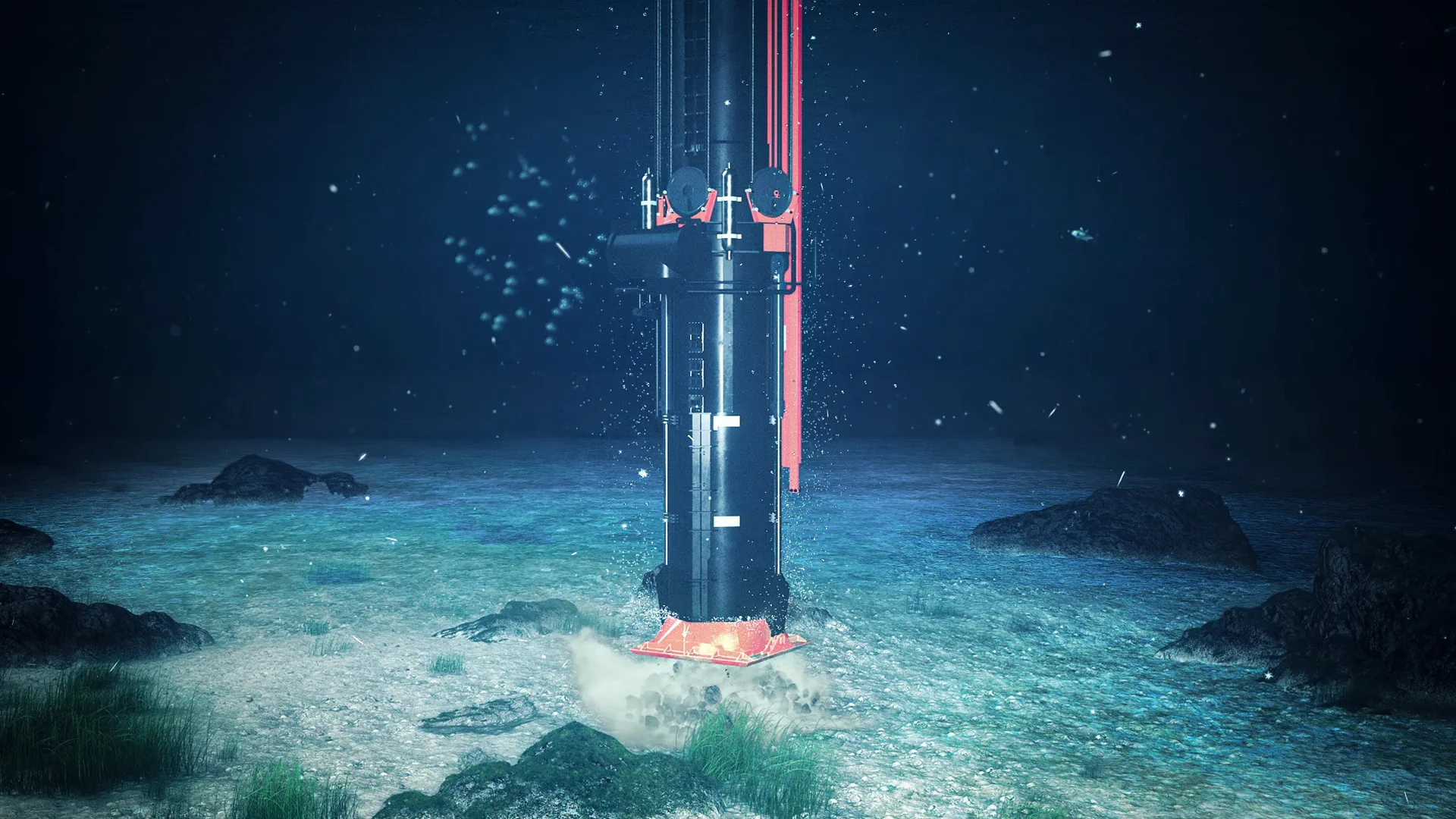Vosta fallpipe-ponton tijdens een offshore-operatie op open water